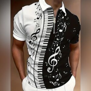 Musical Elements Print Men's Casual Short Sleeves Zip Up Shirt XXL -Worn Once